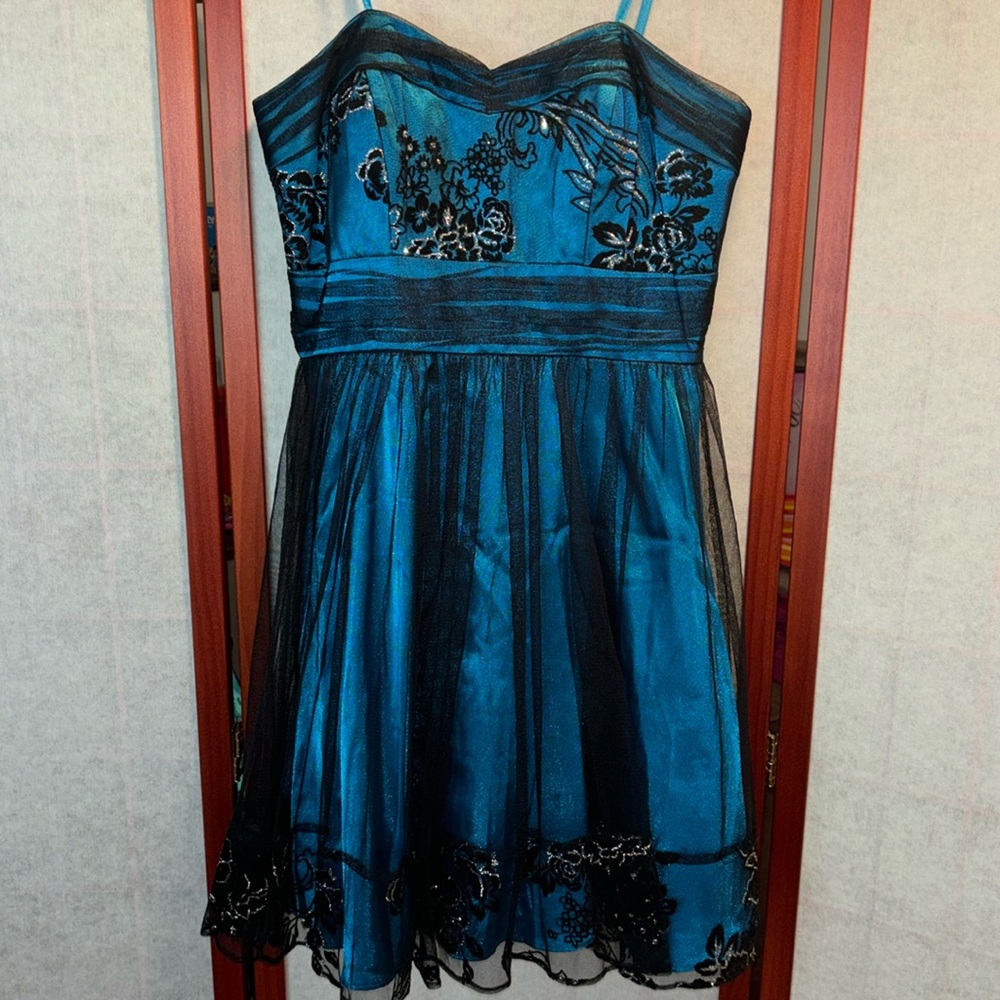 Hailey Logan Teal and Black Strapless Cocktail Dress